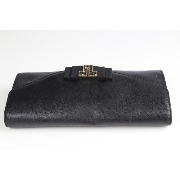 Tory Burch Black Deco Saffiano Leather Clutch Bag Evening Elegant Chic Purse - Picture 10 of 16